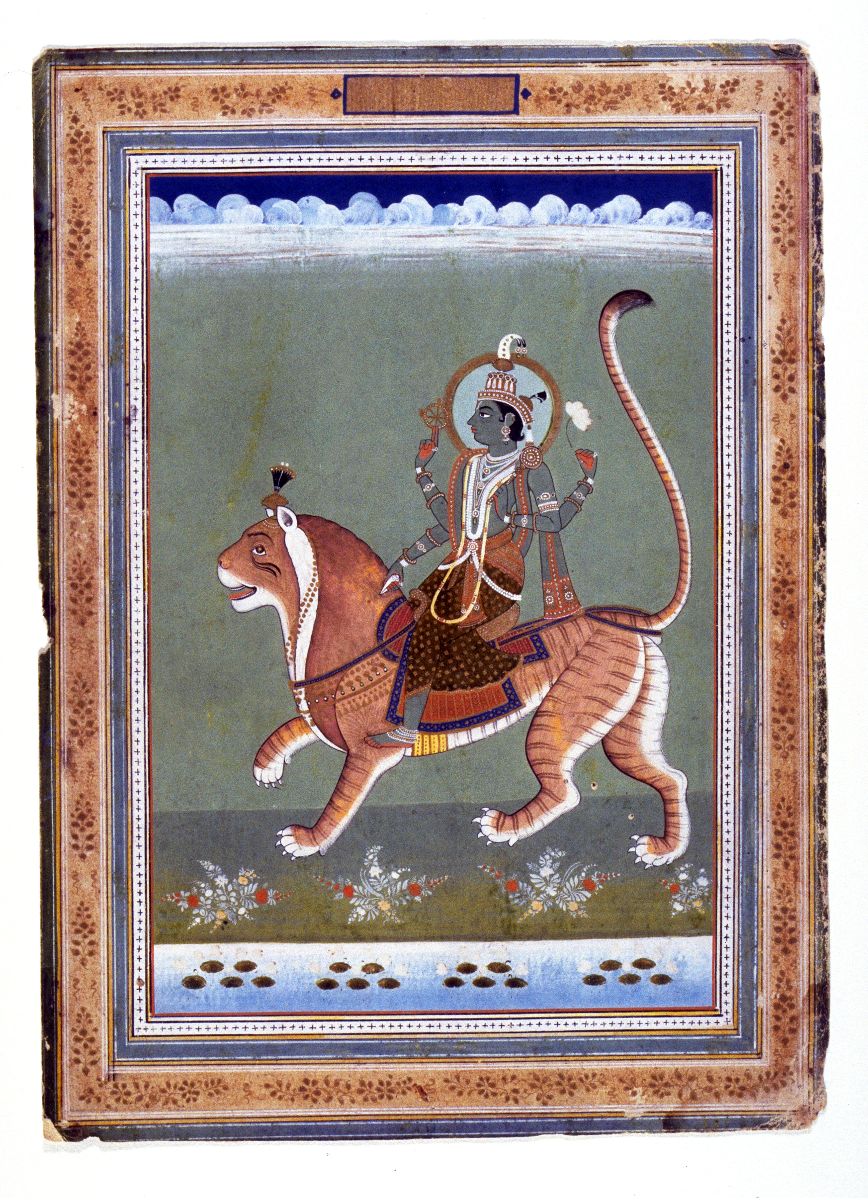 Image 4 Page from an Indian zodiac manuscript, Figure Mounted on a Tiger, possibly Saturn, India, Rajasthan, Jaipur school circa 1840, ink, opaque watercolor and gold on paper